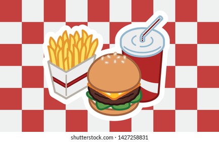 Set of Fast Food (Burger, French Fries and Cup of Cola) Isolated on White and Red background