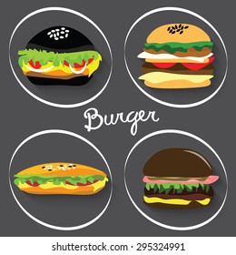 Set of fast food burgers with black rye bun and with white bread vector illustration