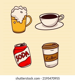 Set of fast food cartoon, Beer, coffe, tea, and soda illustration 