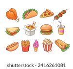 A set of fast food cartoon icons. Hamburger, hot dog, shawarma, popcorn, wok noodles, pizza, taco for takeaway cafe design. Vector illustration of street food isolated on a white background.