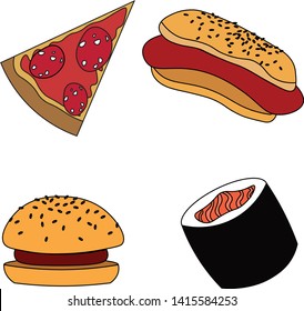 Set fast food in cartoon style. Pizza, hot dog, hamburger, sushi. Traditional cuisine. Design elements for cafe, restaurant, menu.
