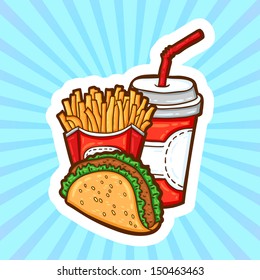 Set of fast food in cartoon style on beauty background. Isolated objects. Poster template.