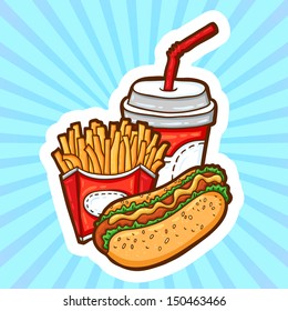 Set of fast food in cartoon style on beauty background. Isolated objects. Poster template.