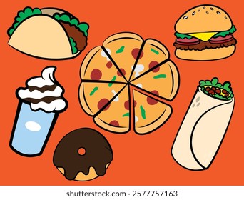 Set of Fast Food in cartoon style. Pizza, Tacos, Burritos, donuts, hamburgers, and sundae ice cream. Best for decoration, pattern, and sticker for fast food restaurant business