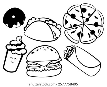 Set of Fast Food in cartoon style. Pizza, Tacos, Burritos, donuts, hamburgers, and sundae ice cream. Best for decoration, pattern, and coloring book with fast food restaurant themes