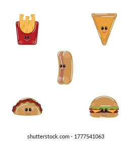 Set of fast food cartoons. Cartoons of a taco, french fries, burger, hotdog and cheese pizza - Vector