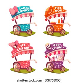 Set of fast food carts. Ice cream, cotton candy, popcorn, hotdog.