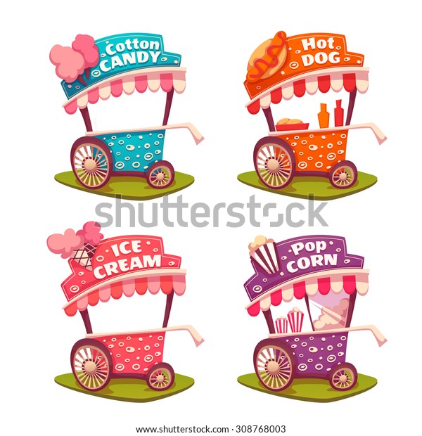 Set of fast food carts. Ice cream, cotton candy,\
popcorn, hotdog.