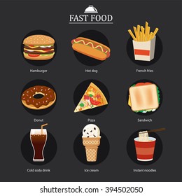 set of fast food with chalkboard background