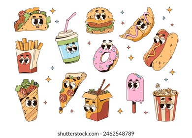 Conjunto de carácter de comida rápida con cara. Vector de dibujos animados pop art hot dog, pizza y papas fritas. Cartel de comida y bebida para llevar. Rollo de tacos y donut, helado y fideos, croissant. Menú del café