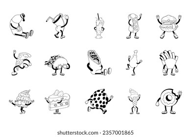 Set Fast Food Character Isolated Retro Cartoon Vector