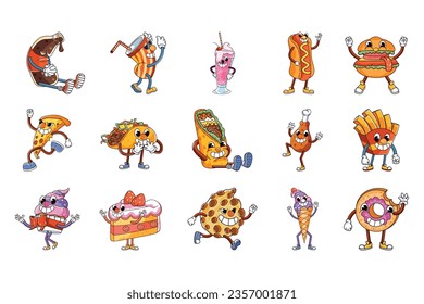 Set Fast Food Character Isolated Retro Cartoon Vector