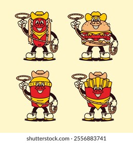 set of fast food characters, burgers,french fries, hotdogs and soda cups.