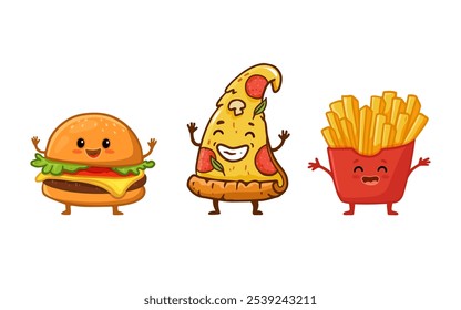 Conjunto de caracteres de fast-food isolados em branco. hambúrguer de desenho animado, fatia de pizza, batatas fritas, hambúrguer bonitinho. Estilo plano. Ilustração vetorial