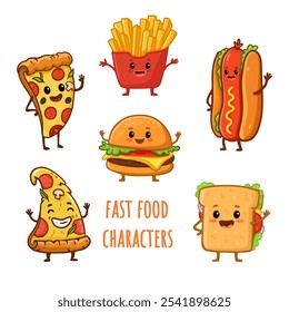 Conjunto de personajes de comida rápida aislados en blanco. Hamburguesa de dibujos animados, sándwich, hot dog, linda hamburguesa, patatas fritas, rebanada de pizza. Estilo plano. Ilustración vectorial