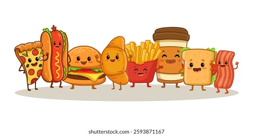 Set of fast food characters isolated on white. Cartoon hamburger, sandwich, hot dog, cute burger, french fries, slice of pizza, cup of coffee, bacon, croissant in flat style. Vector illustration