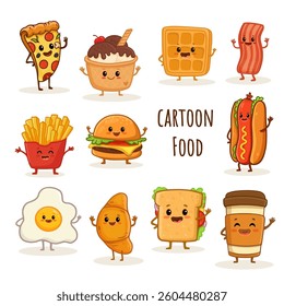Set of fast food characters isolated on white. Cartoon hamburger, sandwich, fried eggs, french fries, pizza, cup of coffee, croissant, bacon, sausage in flat style. Vector illustration