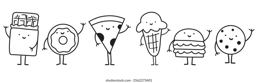 Set of fast food characters. Outline isolated icons. Illustrations on white background.