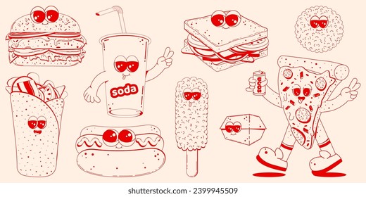 Conjunto de caracteres de comida rápida en estilo retro lineal. Hamburguesa, pizza, soda, perro de hod, patatas fritas. Ilustración de dibujos animados retro.