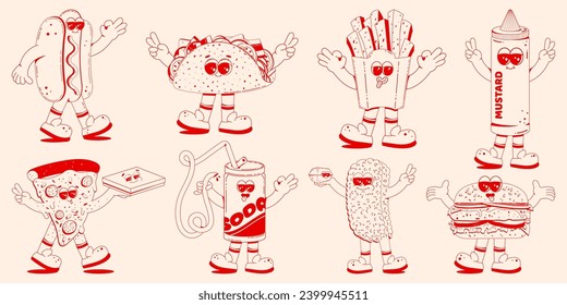 Set of fast food characters in retro linear style. Hamburger, pizza, soda, hod dog, fries. Doodle illustration in retro cartoon style.