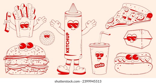 Set of fast food characters in retro linear style. Hamburger, pizza, soda, hod dog, fries. Doodle illustration in retro cartoon style.