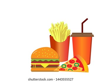 A set of fast food, Cheeseburger , pizza slice, french fries and cola drink, isolated on white background.  Side view wtih free space for text , Vector Illustration