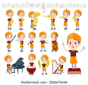 A set of Fast food clerk man on classical music performances.It's vector art so easy to edit.