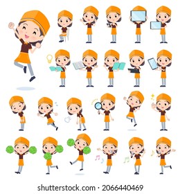 A set of Fast food clerk woman with digital equipment such as smartphones.It's vector art so easy to edit.