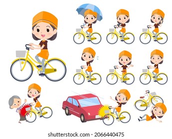 A set of Fast food clerk woman riding a city cycle.It's vector art so easy to edit.
