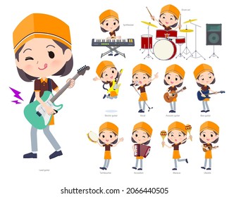 A set of Fast food clerk woman playing rock 'n' roll and pop music.It's vector art so easy to edit.