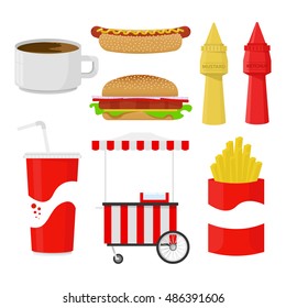 Set for fast food. coffee hotdog mustard fast food with ketchup hamburger cheeseburger fries soda drink trolley for fast food. Bright Flat fast food vector fast food with shadows and highlights.