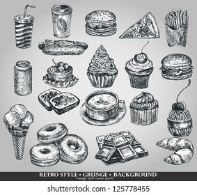 set fast food and confection in vintage, retro style