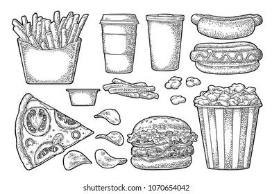 Set fast food. Cup cola, coffee, chips, hamburger, pizza, hotdog, fry potato in paper box, carton bucket popcorn, ketchup. Vector vintage black engraving illustration isolated on white for menu