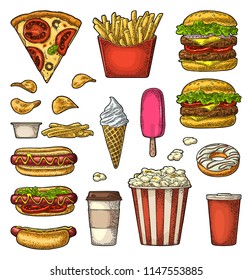 Set fast food. Cup cola, coffee, hamburger, pizza, hotdog, fry potato, carton bucket popcorn, ketchup, donut, ice cream, popsicle, chips. Vector vintage color engraving illustration isolated on white