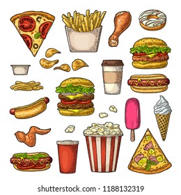 Set fast food. Cup cola, coffee, hamburger, pizza, hotdog, fry potato, carton bucket popcorn, ketchup, donut, ice cream, popsicle, chips. Vector vintage color engraving illustration isolated on white