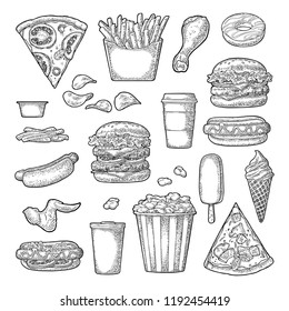 Set fast food. Cup cola, coffee, hamburger, pizza, hotdog, fry potato, carton bucket popcorn, ketchup, donut, ice cream, popsicle chips Vector vintage black engraving illustration isolated on white