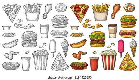 Set fast food. Cup cola, coffee, hamburger, pizza, hotdog, fry potato, carton bucket popcorn, ketchup, donut, ice cream, popsicle, chips. Vector vintage color engraving illustration isolated on white