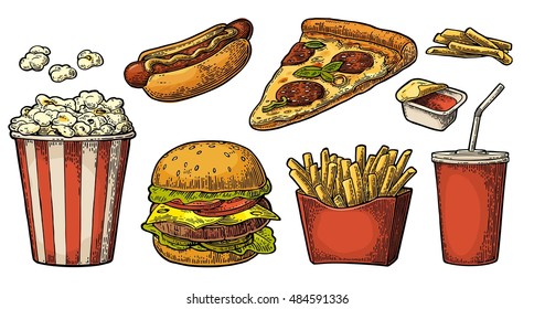 Set fast food. Cup cola, hamburger, pizza, hotdog, fries potato in paper box, carton bucket full popcorn and ketchup. Isolated on white background. Vector color vintage engraving illustration for menu
