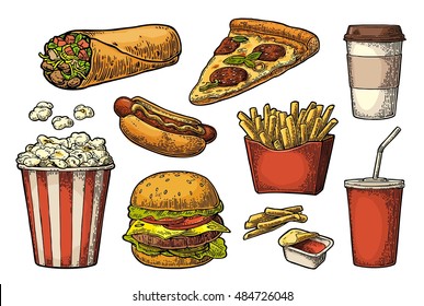 Set fast food. Cup cola, coffee, burrito, hamburger, pizza, hotdog, fry potato in paper box, carton bucket popcorn, ketchup. Isolated white background. Vector vintage engraving illustration for menu