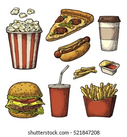 Set fast food. Cup cola, coffee, burrito, hamburger, pizza, hotdog, fry potato in paper box, carton bucket popcorn, ketchup. Isolated white background. Vector vintage engraving illustration for menu