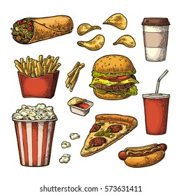 Set fast food. Cup cola, coffee, chips, burrito, hamburger, pizza, hotdog, fry potato in paper box, carton bucket popcorn, ketchup. Isolated white background. Vector vintage engraving illustration