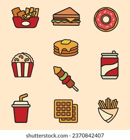 Set of Fast Food Cute Flat Line Illustration