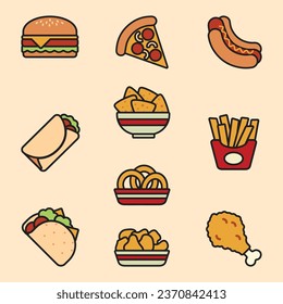Set of Fast Food Cute Flat Line Illustration