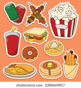 Set of Fast Food Cute Sticker Illustration Set