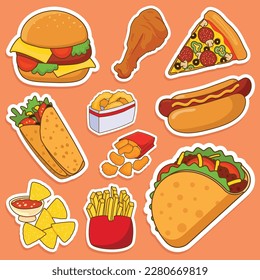 Set of Fast Food Cute Sticker Illustration Set