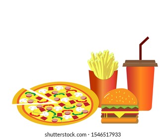 Set of fast food. Deluxe pizza, hamburger, french fries and cola drink. Isolated in white background. Vector Illustration.