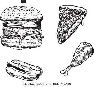 conjunto de comida rápida . diseño de comida rápida. estilo de dibujo de comida rápida