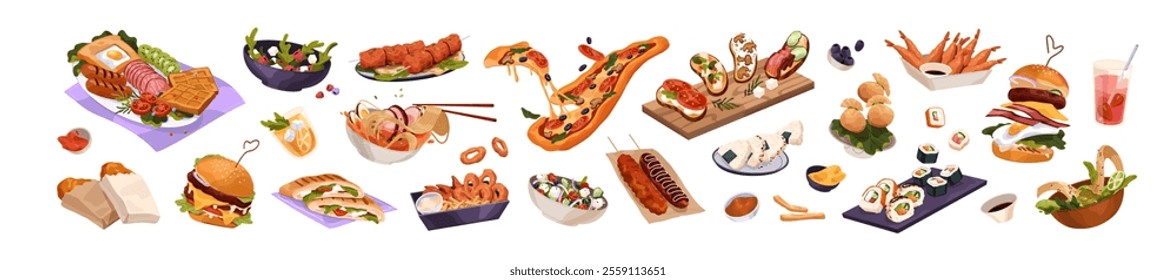 Set of fast food of different cuisines. Various delicious eating, meal of fastfood. Italian pizza, Japanese sushi, noodle, American burgers. Flat isolated vector illustrations on white background