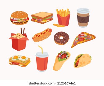 Set of fast food dishes. Cola, coffee, cheesburger, french fries, hot dog, pizza, donut, sandwich, toasts isolated on white background. Breakfast vector illustration in cartoon flat style.