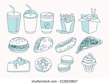 Set of fast food dishes. Cola, coffee, cheesburger, french fries, hot dog, pizza, donut, sandwich, toasts isolated line icons on white background. Breakfast vector illustration in cartoon flat style.